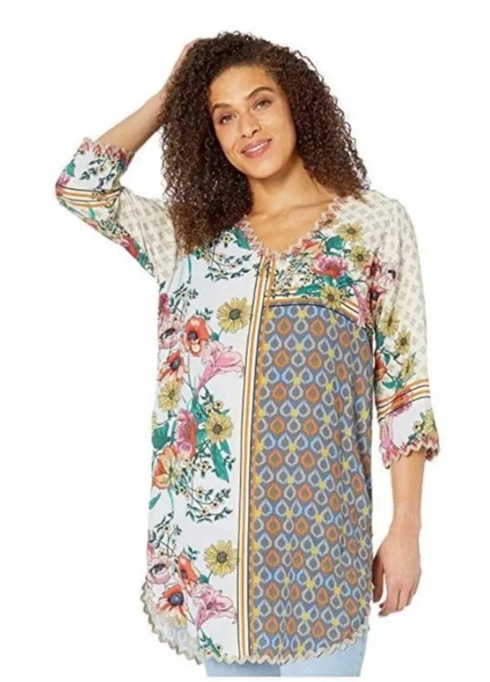 Johnny Was Shana Blouse Floral Geometric Scarf Print XXL NWT Boho Top